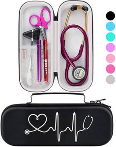 an open medical kit with scissors, stethoscope and other items in it