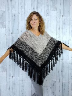 WELCOME TO BLUEEYEDSTYLE! This is a beautiful and extremely soft ombre crochet poncho created in 100% anti pilling acrylic yarn.  It is perfect for those cool fall and winter days when you just need something warm and cozy, and makes a great sweater alternative!  This should fit a variety of sizes from xs-large, but will drape differently on each individual.  If you love original outerwear, you'll love this poncho sweater! Check out my other colors and styles!- https://www.etsy.com/ca/shop/BlueE Winter Brown Knit Poncho, Fall Crochet Beige Poncho, Casual Crochet Winter Poncho, Fall Crochet Poncho One Size, Black Bohemian Crochet Poncho, Winter Poncho, Crochet Poncho Free Pattern, Ladies Poncho, Poncho Sweater