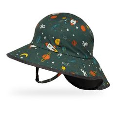 a child's hat with space print on it