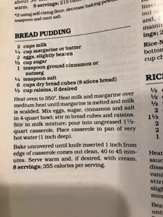 an open book with instructions for bread pudding