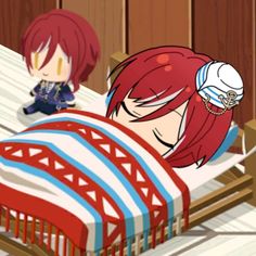 an anime character laying in bed next to another character with red hair and blue eyes