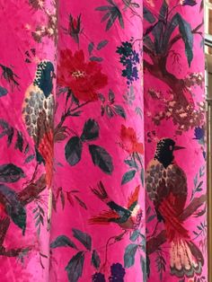 pink curtains with birds and flowers on them