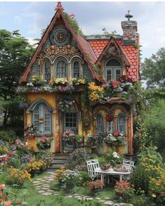 a house with flowers all around it