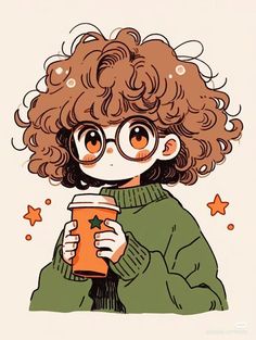 a drawing of a girl with glasses holding a cup of coffee and looking at the camera