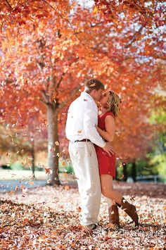 a man and woman standing in front of a tree with falling leaves on it's ground