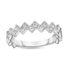 Charming and more elegant than meets the eye, this sparkling vintage-inspired diamond stackable band shimmers with detail. Crafted in cool 10K white gold, this zig-zag style is actually created with milgrain-edged tilted rectangles filled with duos of dazzling diamonds. Radiant with 1/4 ct. t.w. of diamonds and a brilliant buffed luster, this design shines when worn alone or in heirloom-themed stacks. Size: 7.  Gender: female.  Age Group: adult. Classic Stackable Cubic Zirconia Bands, Heirloom Diamond Stackable Rings, Heirloom Diamond Stackable Bands, Heirloom Stackable Diamond Ring For Anniversary, Classic Diamond White Stackable Rings With Half Eternity, Classic Stackable Diamond Ring For Wedding, Classic Half Eternity Stackable Rings In Moissanite, Classic Stackable Diamond Wedding Ring, Heirloom Stackable Rings In Diamond White With Diamond Accents