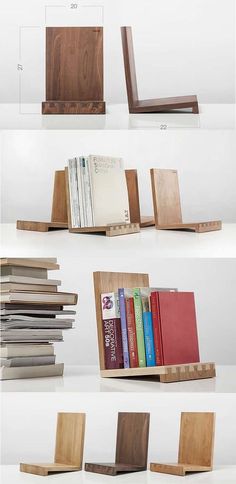 several bookshelves made out of wood with different types of books on each shelf