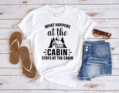 "What Happens at The Cabin Stays at The Cabin Shirt, Funny Camping Shirt, Camper Shirt, Camping Shirt, Adventure Shirt, Camp Lover Shirt * Processing time is 1 business day (there may be exceptions during holiday seasons). Delivery time is based on your shipping type selection and location. Please check the estimated delivery times at checkout and upgrade the shipping at checkout if you need it sooner. * All items are made-to-order. Because of the nature of these items, unless they arrive damaged or defective, we cannot accept return or exchange. * Please review the all size charts displayed in the product images.  * Please note that the sizing chart includes the measurements of one side of the shirt, not the circumference.  * Sizing might differ 1\" (+-) from brand to brand. We recommend What Happens At The Cabin Stays, Family Cabin Trip Shirts, Couples Trip, Cabin Trip, Camping Shirts Funny, Travel Tshirt, Family Reunion Shirts, Reunion Shirts, Camper Shirt