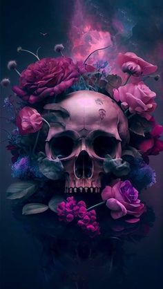 a skull with flowers on it's head is shown in the middle of a dark background