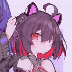 two anime characters one with cat ears and the other with red eyes, are hugging