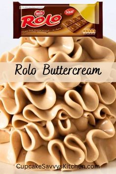 a close up of a pile of food with the words rolo buttercream on it