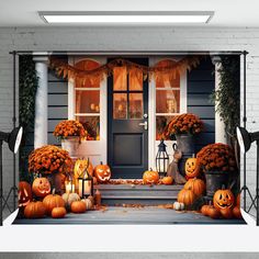 an outdoor halloween scene with pumpkins and jack - o'- lanternes on the porch