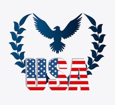 an american flag and eagle with the word usa written in it's center surrounded by leaves