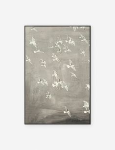 a painting with birds flying in the air on a gray background, framed in black and white