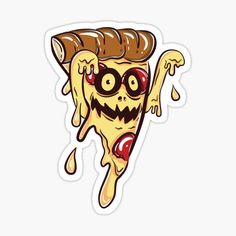 a slice of pizza with an evil face and glasses on it's face sticker