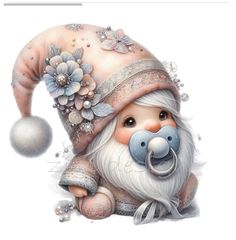 a painting of a gnome with a pacifier in his mouth and wearing a flowered hat