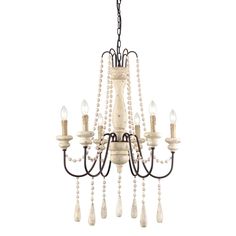 a white chandelier with beads hanging from it's center and four lights on each side