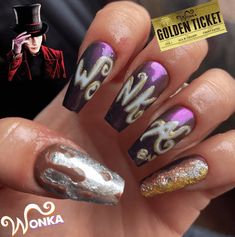 Step into a world of pure imagination with our Willy Wonka Nails art designs! Indulge your sweet tooth with our vibrant blue, purple and pink hues. Whether you prefer your nails short and simple or long and intricate, acrylic or gel our Willy Wonka-inspired designs will add a touch of whimsy to your look. Get ready to transport yourself to a candy wonderland with our deliciously fun nail art collection! Nail Pops, Ticket Design, Pink Cotton Candy, Willy Wonka, Star Nails, Colorful Candy, Candy Stripes, Manicure Y Pedicure, Pink Wallpaper Iphone