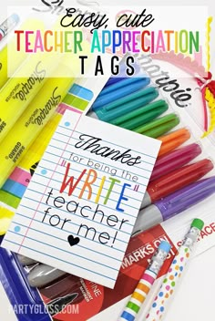 teacher appreciation tags with crayons, pens and markers on top of each other