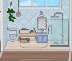 the bathroom is decorated in blue and has a shower, toilet, sink, and mirror