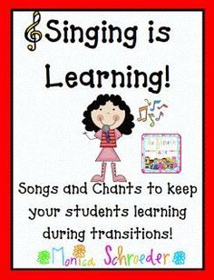 a sign that says singing is learning with a girl holding a book and music notes