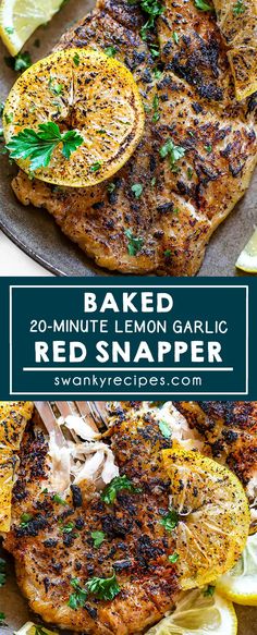 baked lemon garlic red snapper steak on a platter