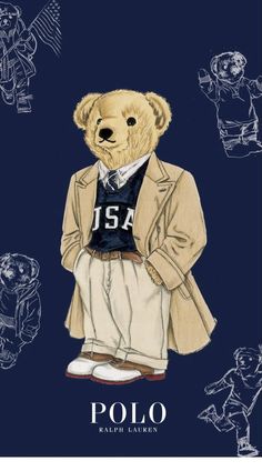 a drawing of a teddy bear wearing a polo shirt and pants with the name polo on it