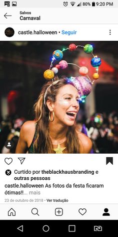 an instagram page with a woman wearing a party hat and beads on her head