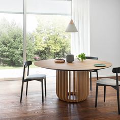 a dining room table with two chairs and a plant on it in front of a window