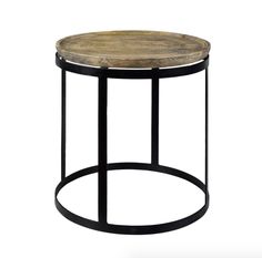 a round wooden table with black metal frame and wood top on an isolated white background