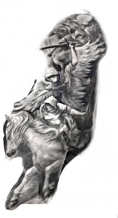 a black and white drawing of a man riding a horse with an eagle on it's back