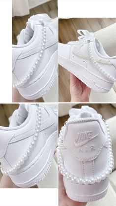 four pictures of white sneakers with pearls on them, and one showing the soles