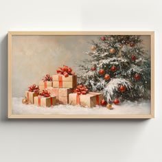 a painting of christmas presents in front of a tree with red balls and bows on it