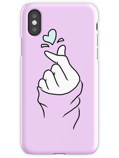 a pink phone case with a drawing of a hand holding a heart on it's finger