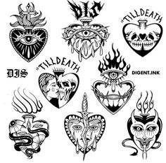 several different tattoo designs on a white background