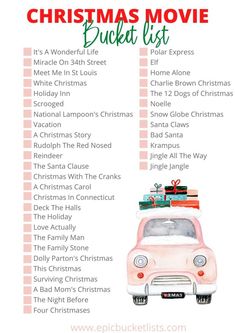 the christmas movie bucket list is shown in red and green, with presents on top