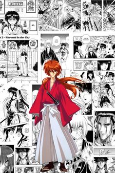 an anime character is standing in front of a bunch of comic pages with red hair