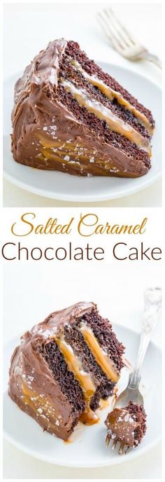 two pictures of a cake with chocolate frosting and caramel on top