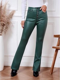 Best Seller // Show off your striking look wearing this dark green high waist faux leather bell bottom.