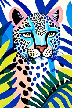 a painting of a leopard surrounded by palm leaves and blue eyes on a white background