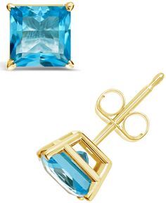 Feel chic and fabulous in these gorgeous princess-cut gemstone earrings, crafted in 14K yellow gold. Diamond Cut Earrings From Macy's As Gift, Macy's Gemstone Earrings For Gift, Yellow Gold Blue Topaz Earrings For Gift, Yellow Gold Earrings With Blue Topaz And Gemstone Accents, Classic Blue Topaz Yellow Gold Earrings, Anniversary Blue Topaz Multi-stone Earrings, Square-cut Blue Topaz Gemstone Jewelry, Gemstone Stud Earrings, Gemstone Studs