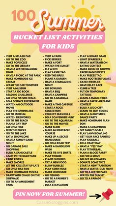 the summer bucket list for kids is shown in pink and yellow with an arrow pointing to it