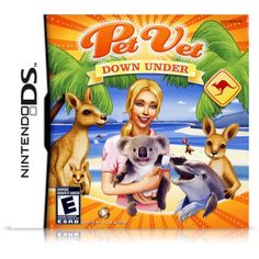 the gameboy's cover for pet vet down under, featuring an image of a woman holding a koala and two kangaroos