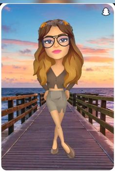 a cartoon girl with glasses standing on a pier