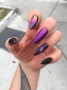 Dark Purple And Black Nails, Goth Stiletto Nails, Purple And Black Nails, Black And Purple Nails, Purple And Silver Nails, Nail Art Images, Halloween Acrylic Nails, Basic Nails, Pretty Gel Nails