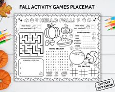 the fall activity game is shown with pumpkins, leaves and other things to color