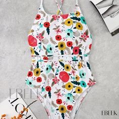 Ebeek - Womens Floral Print Criss Cross One Piece Swimsuit - High Cut, Scoop Neck, Stretchy Spaghetti Straps - Ideal for Beach and Pool - Versatile Swimwear & Clothing One Piece Style, 1 Piece Swimsuit, Swimwear Outfit, Beach Pool, High Cut, Womens Swimwear, Criss Cross, One Piece Swimsuit, Spaghetti Strap