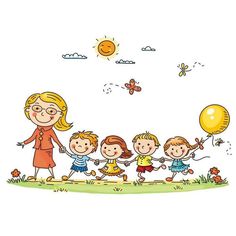 a family holding hands and walking through the grass with balloons in their hand, on a sunny day