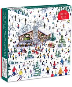 a puzzle box with people skiing and snowboarding on the slopes in front of a lodge