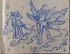 a drawing of an angel and a pony standing next to each other with stars in the background